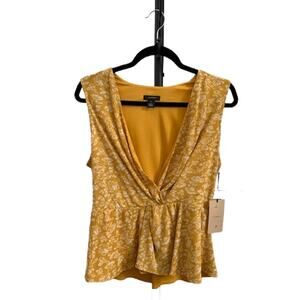 Halogen-Sleeveless-Peplum-Top-Floral-Deep‎ V Neck-Mustard-Yellow-Poly-Women-M